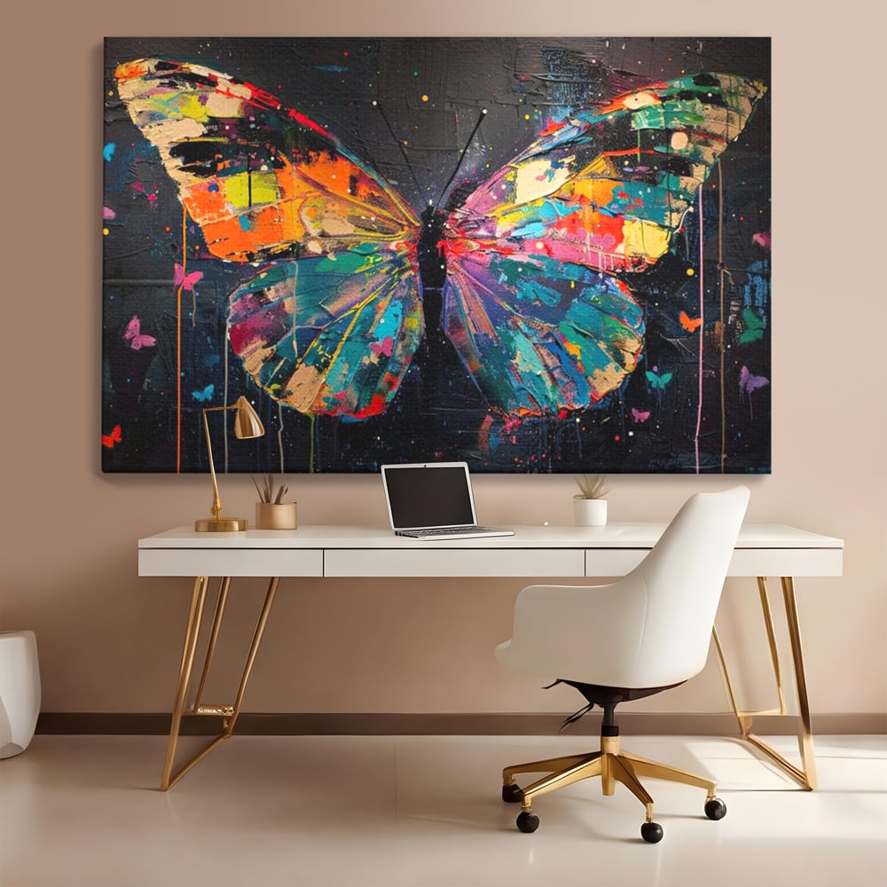 Tablou canvas cu tablou canvas cu fluture multicolor, fara rama, pe sasiu de lemn, pe perete intr-un birou